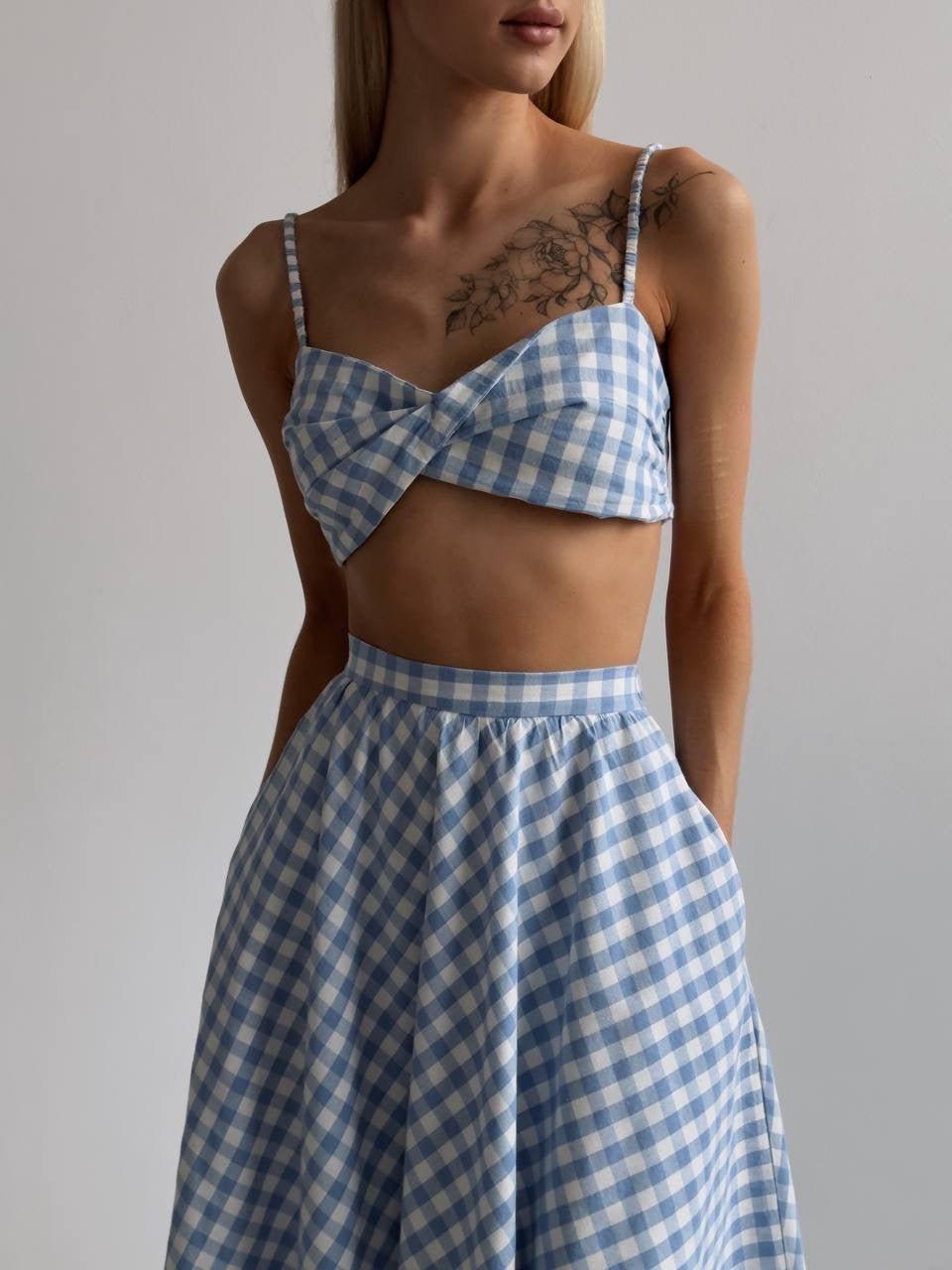 Blue Gingham Crop Top and Midi Skirt Set - Maelle Paris