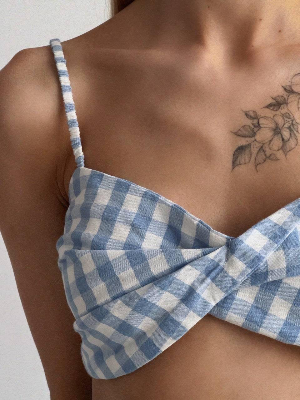 Blue Gingham Crop Top and Midi Skirt Set - Maelle Paris