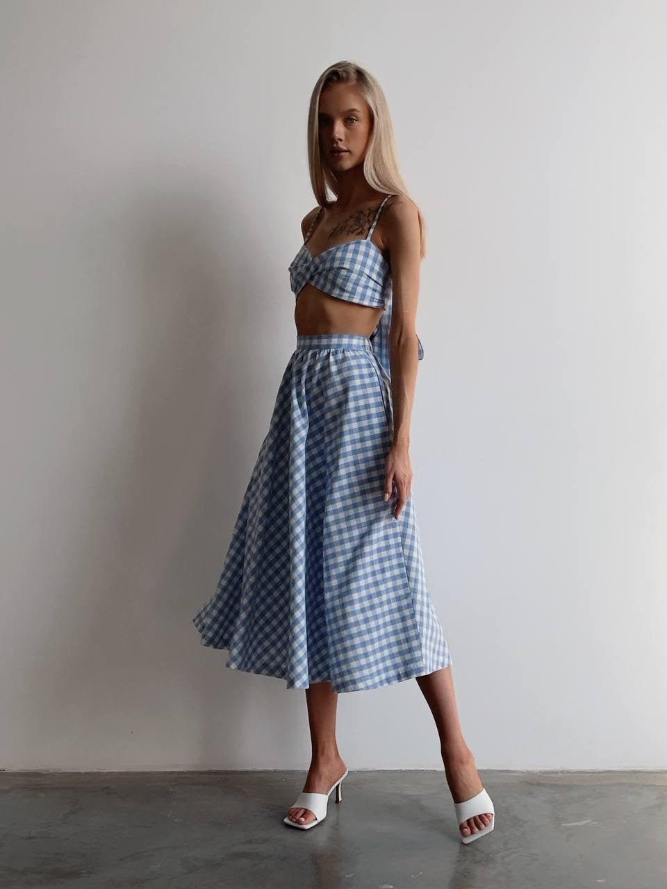 Blue Gingham Crop Top and Midi Skirt Set - Maelle Paris