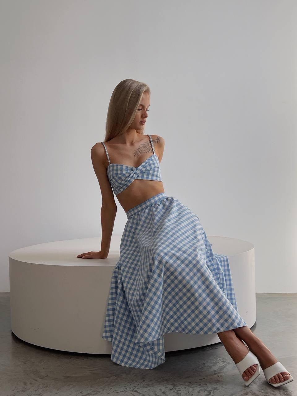 Blue Gingham Crop Top and Midi Skirt Set - Maelle Paris