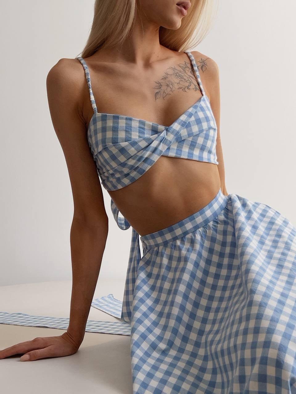 Blue Gingham Crop Top and Midi Skirt Set - Maelle Paris