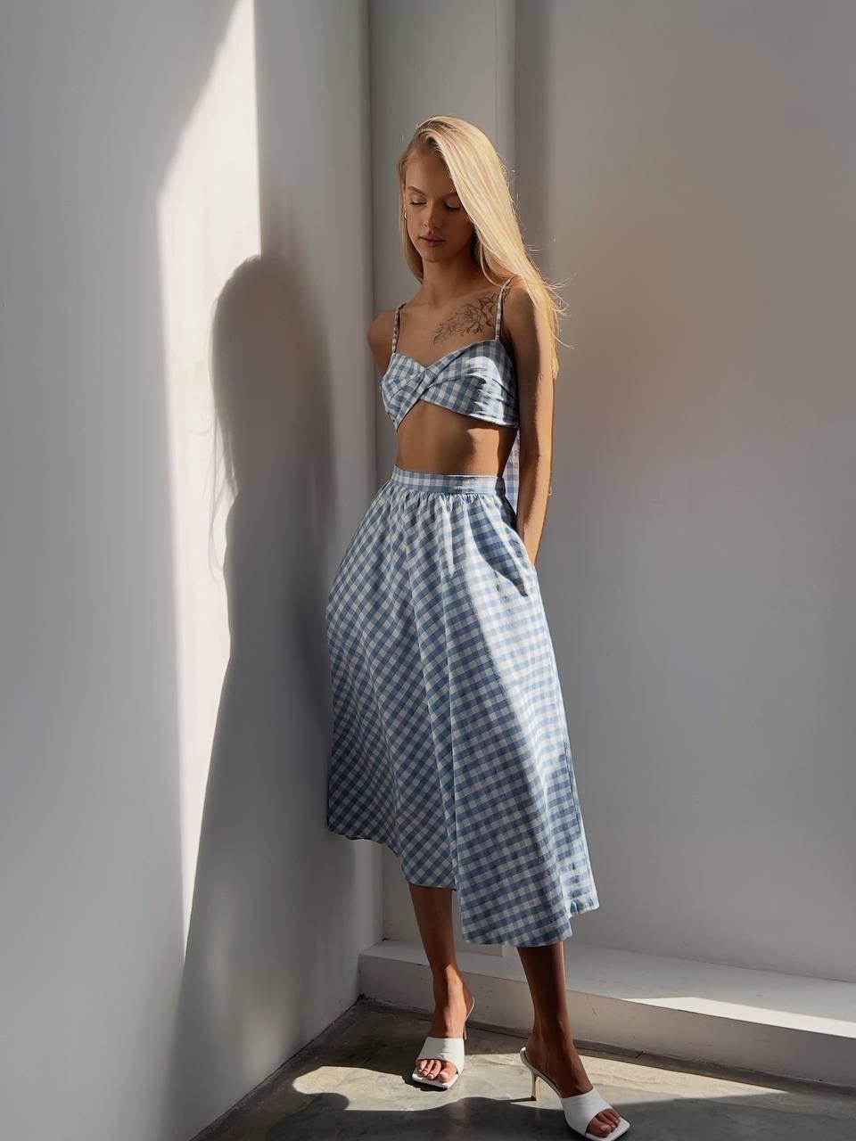 Blue Gingham Crop Top and Midi Skirt Set - Maelle Paris