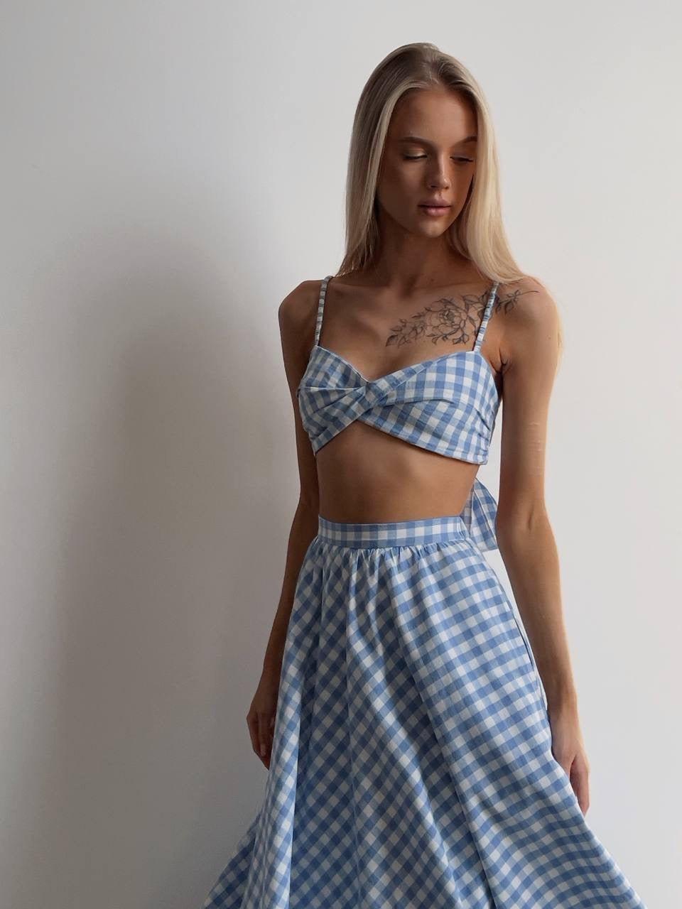 Blue Gingham Crop Top and Midi Skirt Set - Maelle Paris