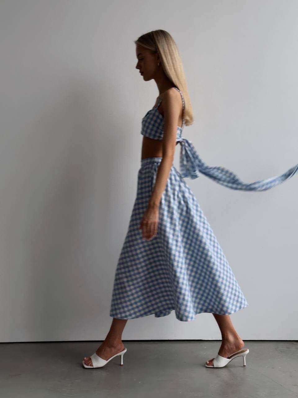 Blue Gingham Crop Top and Midi Skirt Set - Maelle Paris