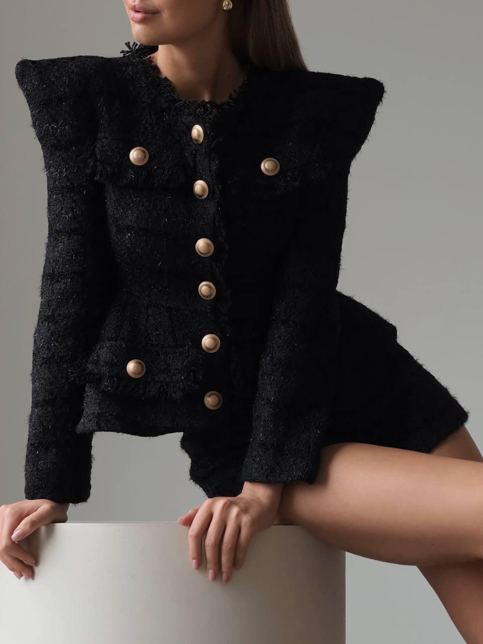 Elegant Black Tweed Jacket and Shorts Suit - Maelle Paris