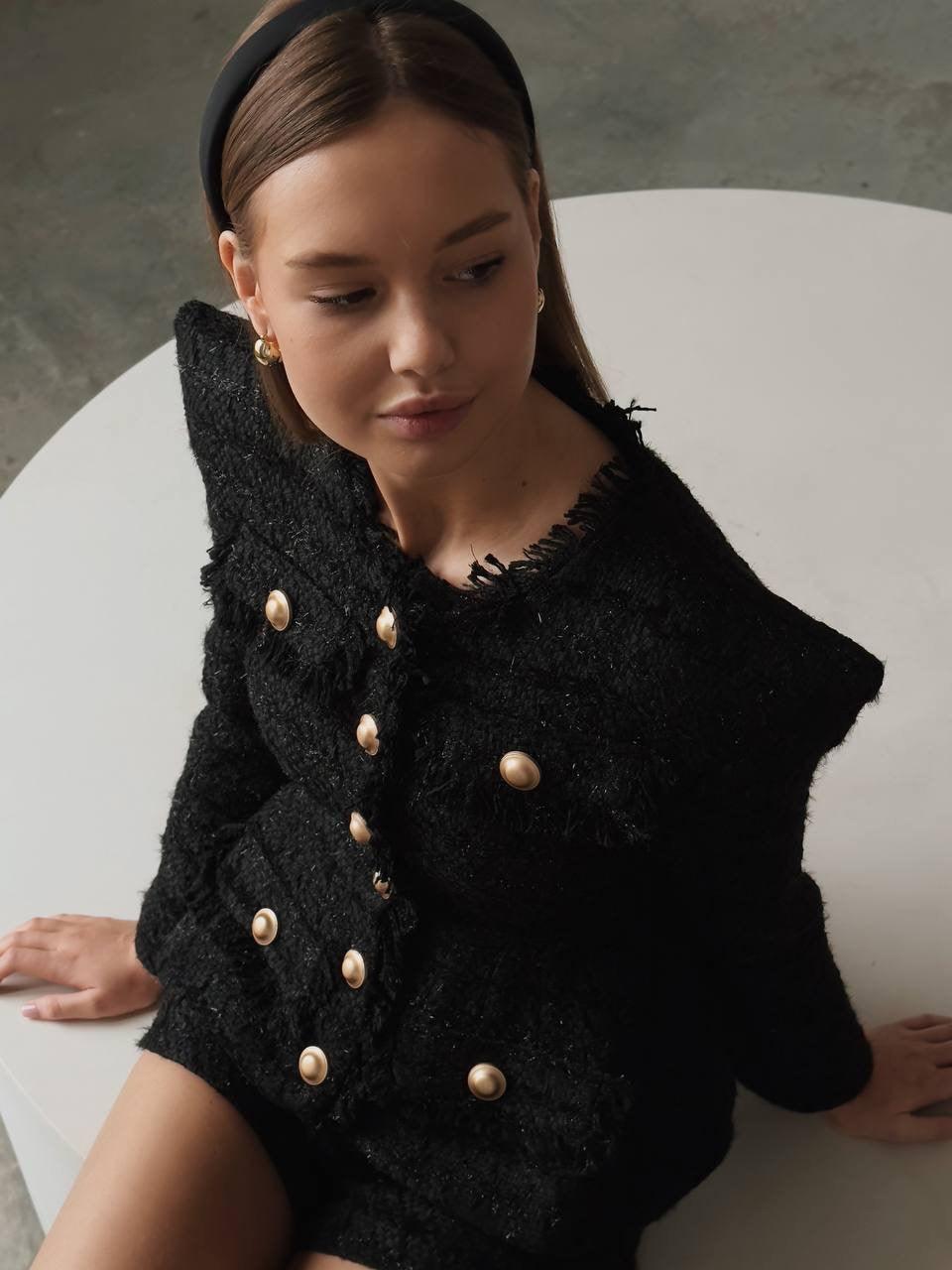 Elegant Black Tweed Jacket and Shorts Suit - Maelle Paris
