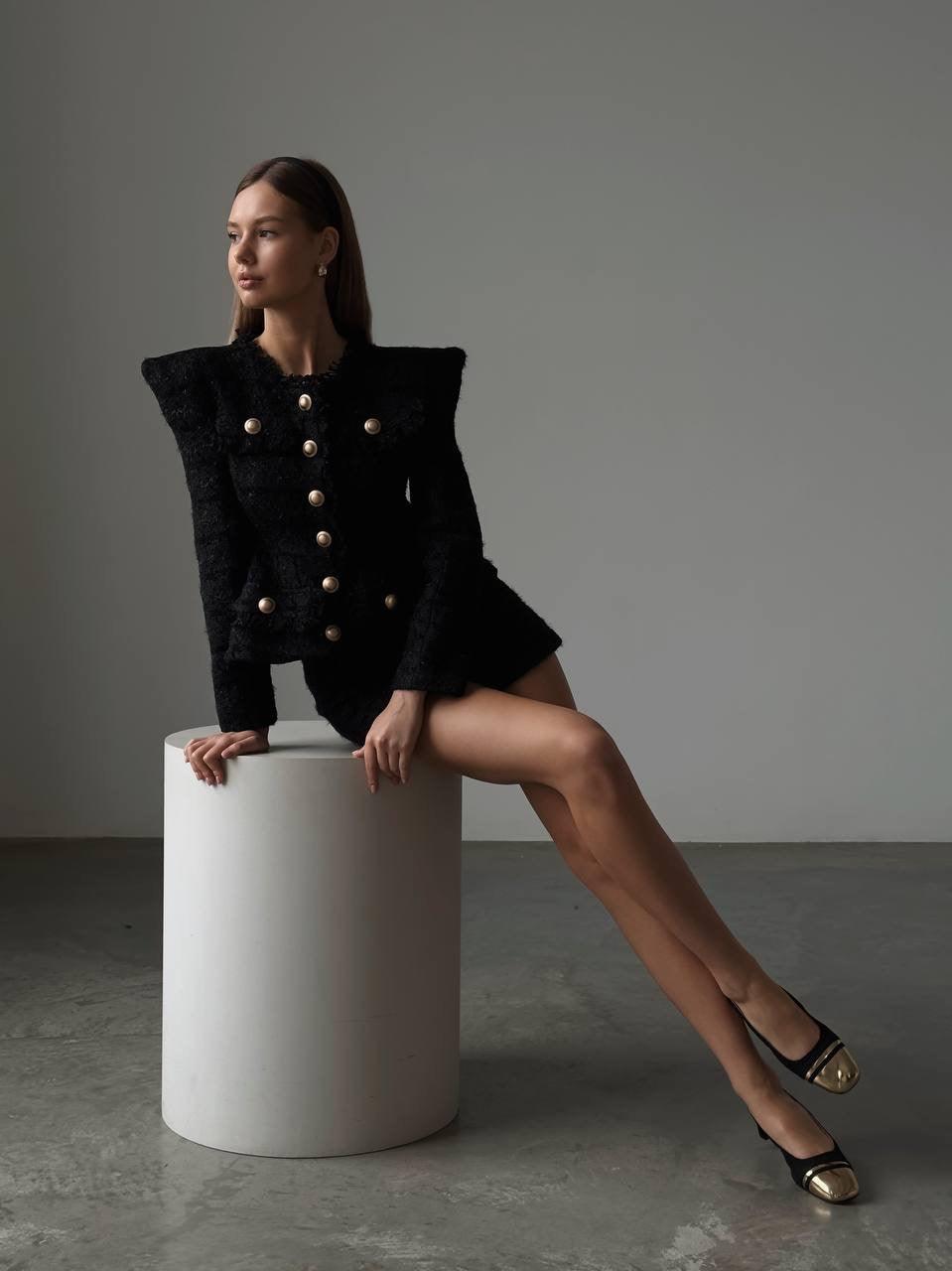 Elegant Black Tweed Jacket and Shorts Suit - Maelle Paris