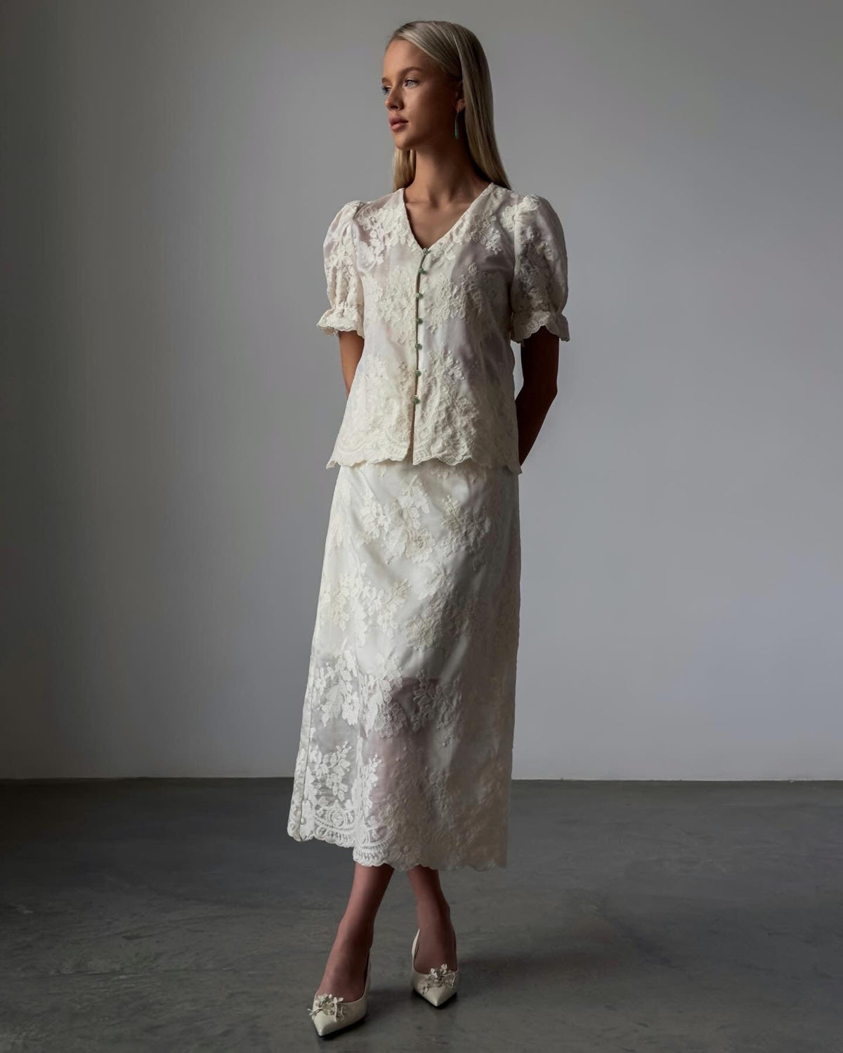 Elegant White Lace Detail Suit - Maelle Paris