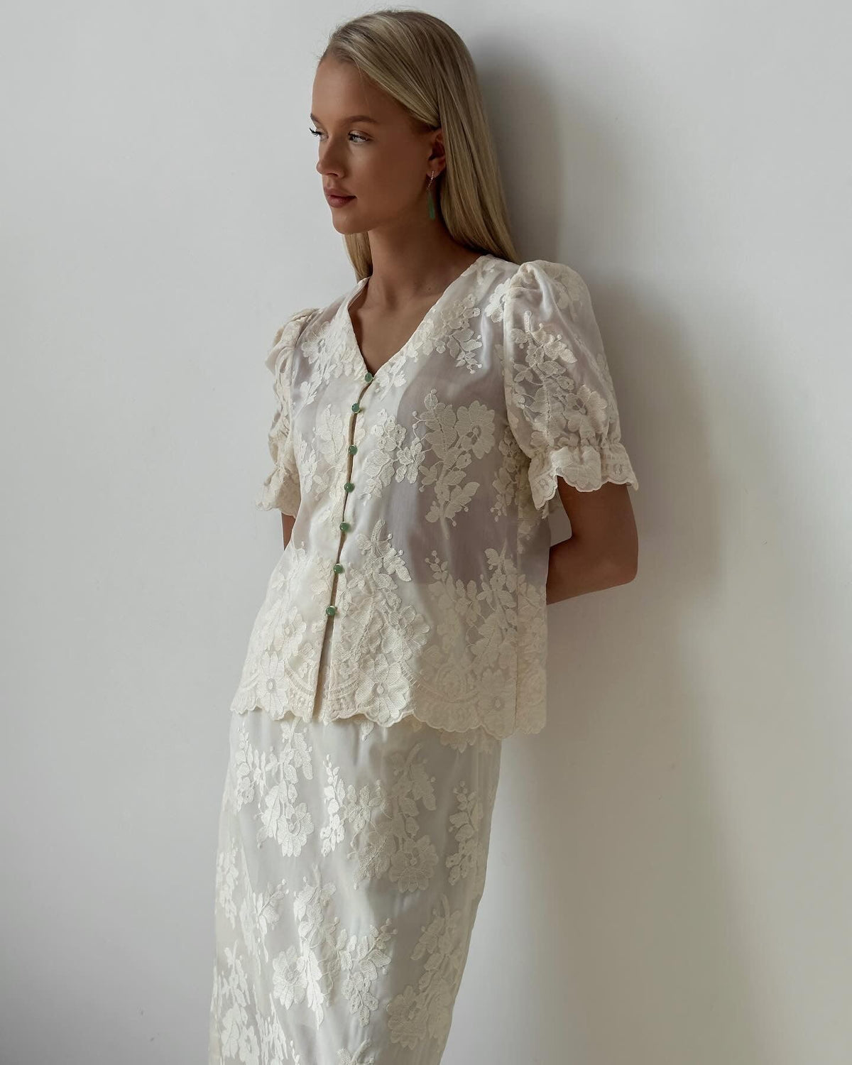 Elegant White Lace Detail Suit - Maelle Paris