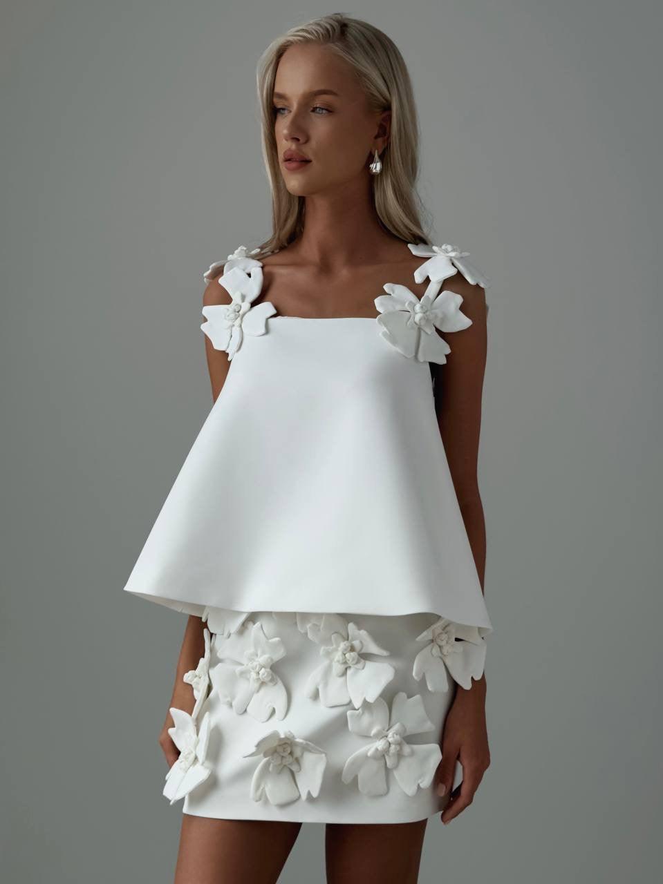 White Mini Suit with Floral Details - Maelle Paris