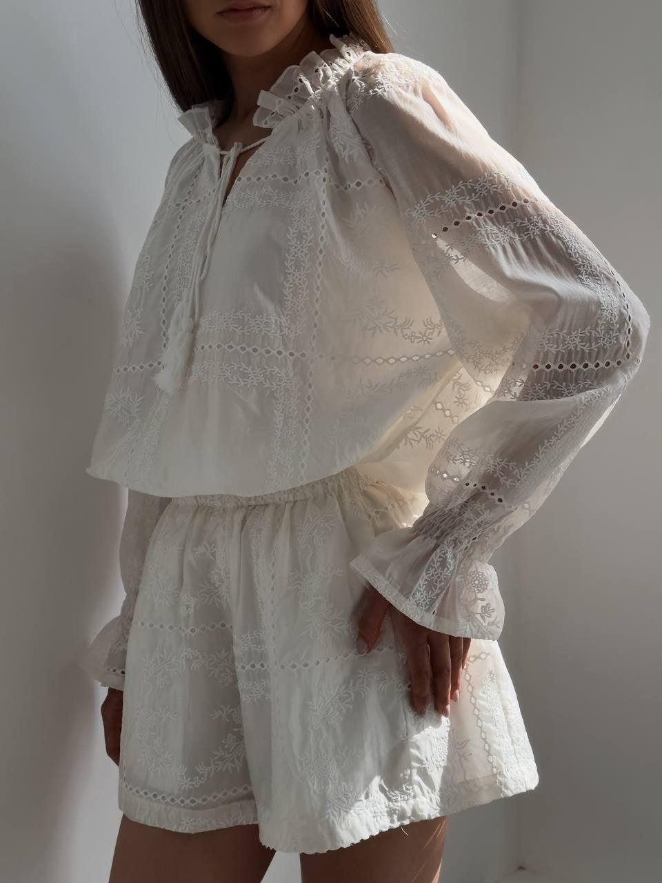 Elegant White Lace Embroidered Suit - Maelle Paris