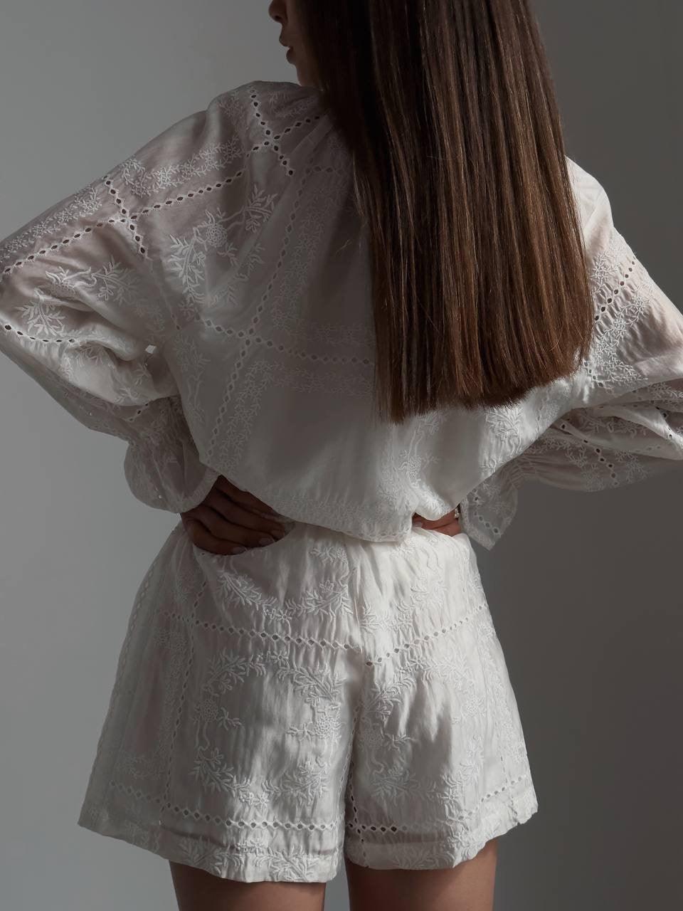 Elegant White Lace Embroidered Suit - Maelle Paris