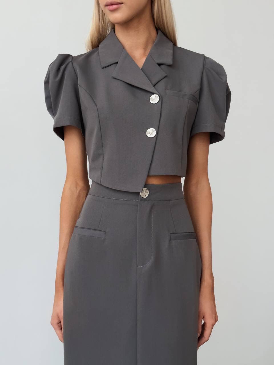 Elegant Gray Crop Jacket Dress - Maelle Paris