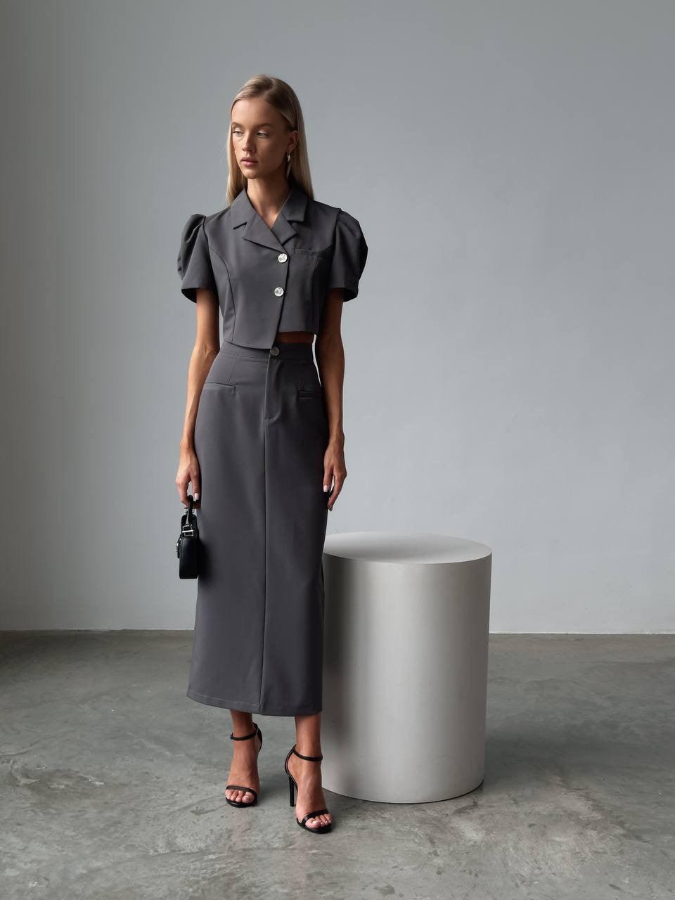 Elegant Gray Crop Jacket Dress - Maelle Paris