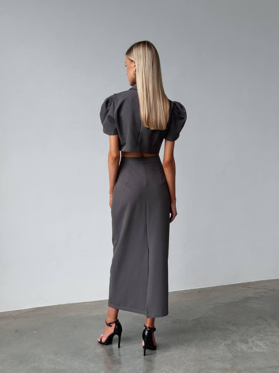Elegant Gray Crop Jacket Dress - Maelle Paris