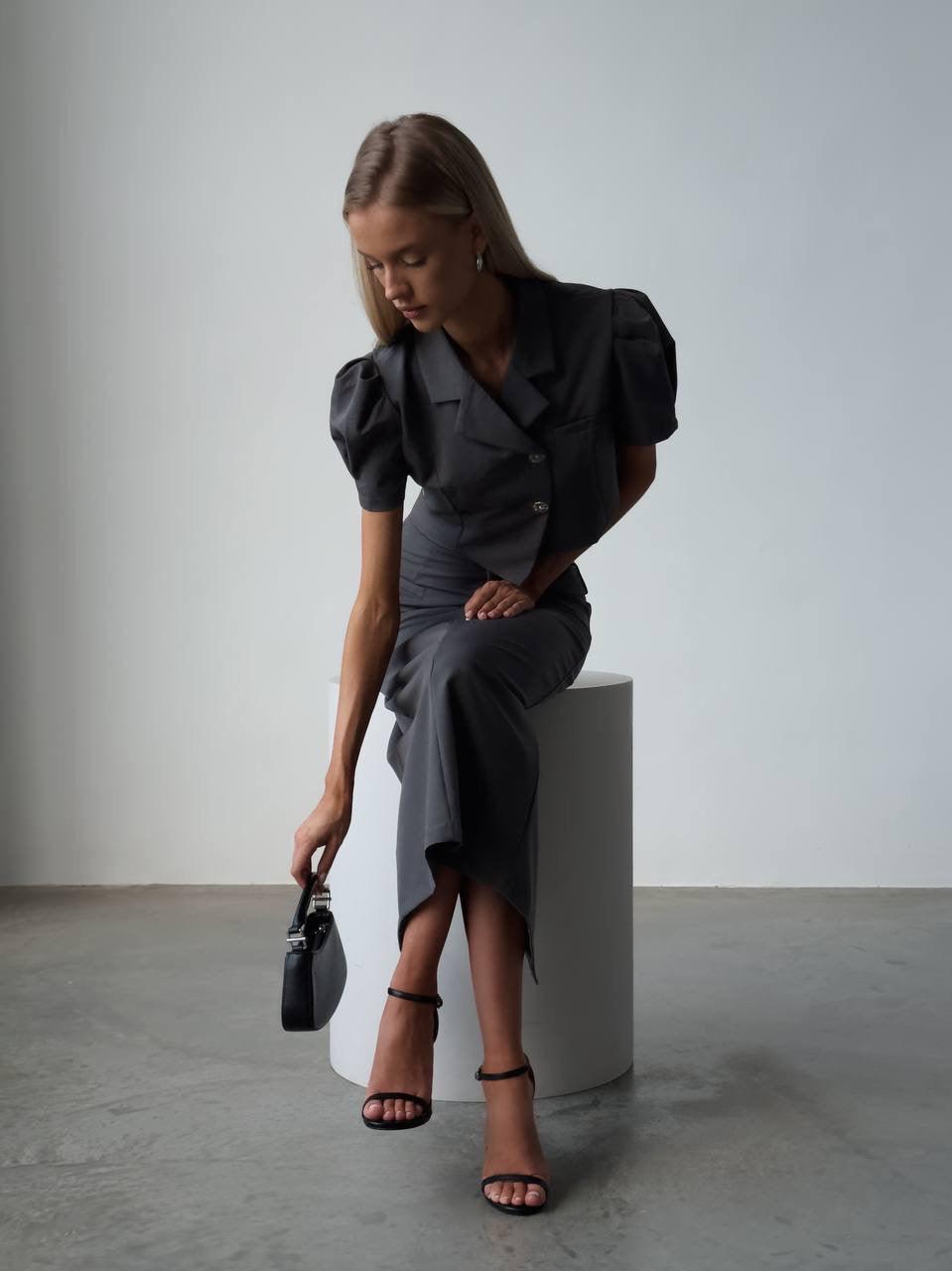 Elegant Gray Crop Jacket Dress - Maelle Paris