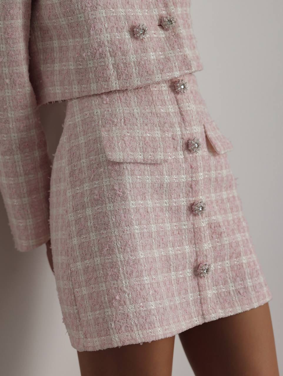 Conjunto de chaqueta corta y falda de tweed rosa