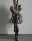 Robe à jupe ballon imprimée florale noir et blanc